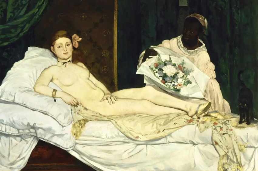 Édouard Manet, Olympia, 1863. Reclining nude on a bed, maid with flowers.